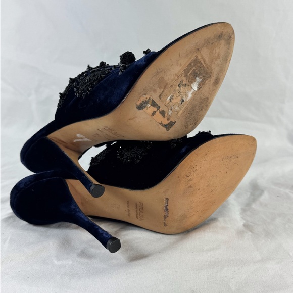 PRADA Navy Blue Velvet Faux Stone Embroidered Heels Sandals 36.5 - 6.5US - Picture 10 of 12
